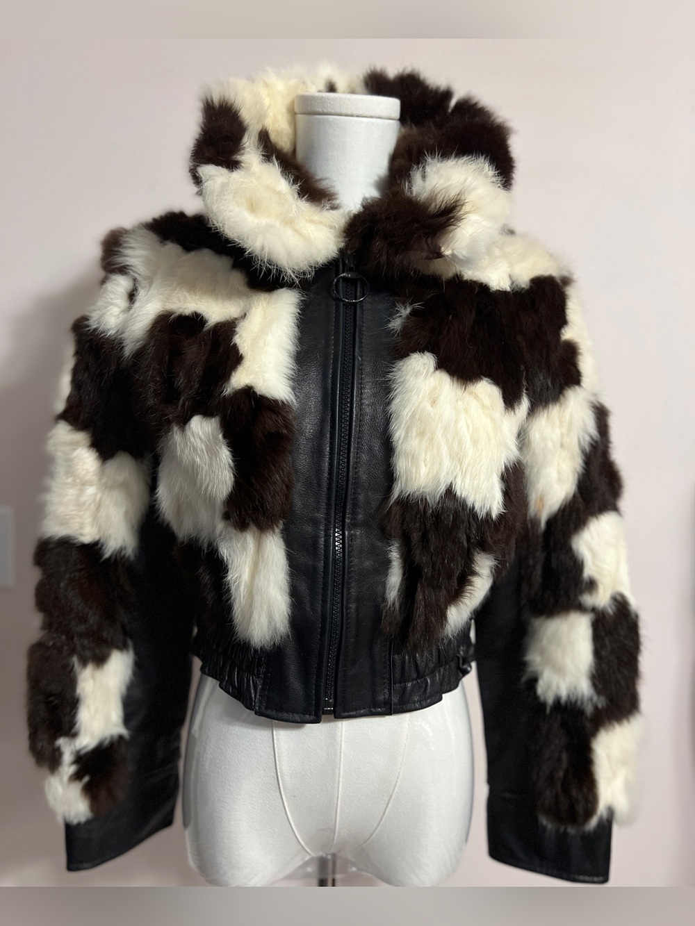 Jonathan Legault Black Leather Jacket with Black & Cream Faux Fur Patchwork